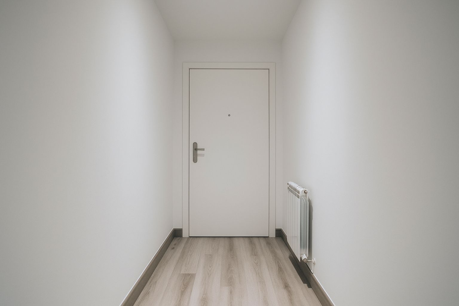 En minimalistisk hall med en elegant grå innerdörr som leder till ett annat rum.